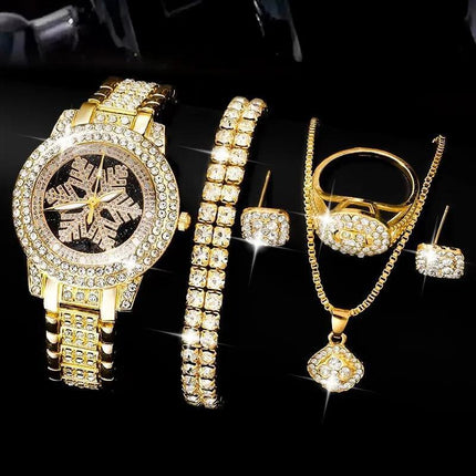 Uhr mit Schneeflockenmuster, luxuriöses fünfteiliges Schmuckset mit Strasssteinen