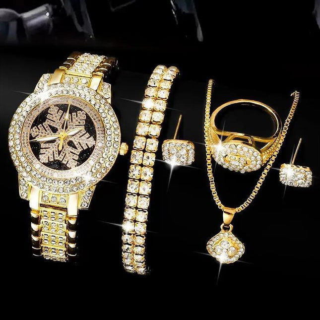 Uhr mit Schneeflockenmuster, luxuriöses fünfteiliges Schmuckset mit Strasssteinen