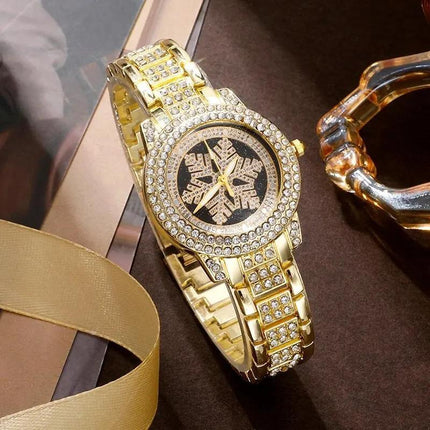 Uhr mit Schneeflockenmuster, luxuriöses fünfteiliges Schmuckset mit Strasssteinen