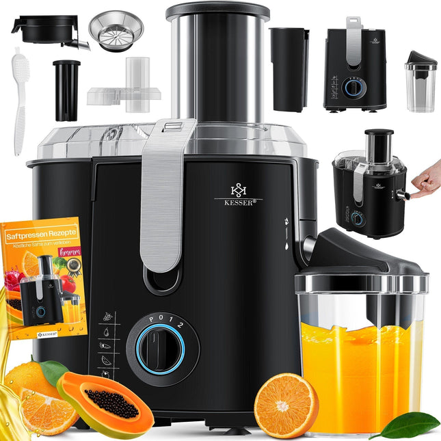 KESSER® Entsafter Saftpresse Edelstahl 1100W mit großem Einfüllschacht und Saftbehälter, ideal für frische Säfte.