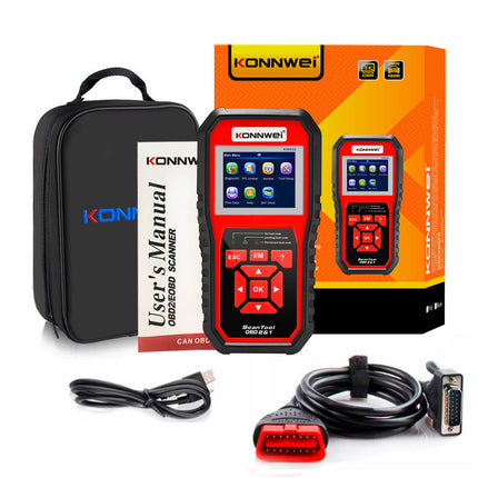 KW850 OBD2 CAN BUS code reader with accessories, display screen, and packaging.