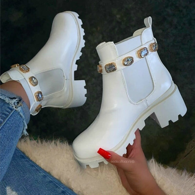 Stiefeletten für Damen, echte Stiefel mit Kristallgürtelschnalle