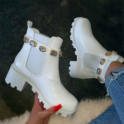 Stiefeletten für Damen, echte Stiefel mit Kristallgürtelschnalle