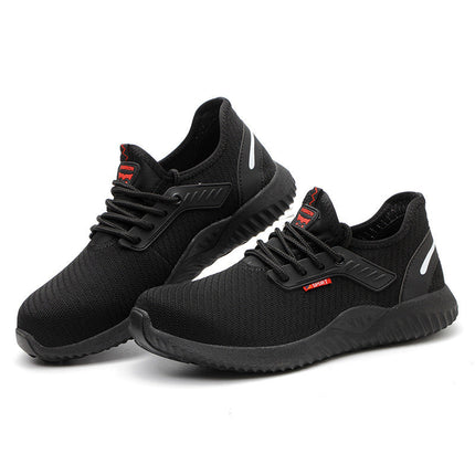 Breathable safety shoes with anti-smashing protection, black fly-knit material, steel toe caps, and low-cut design.