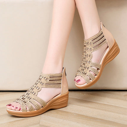 Damen Sandalen Damen Cyrstal Bequeme Pumps Damenmode Wedges Weibliche Rom Bling Aushöhlen Schuhe Damen Zip Schuhe