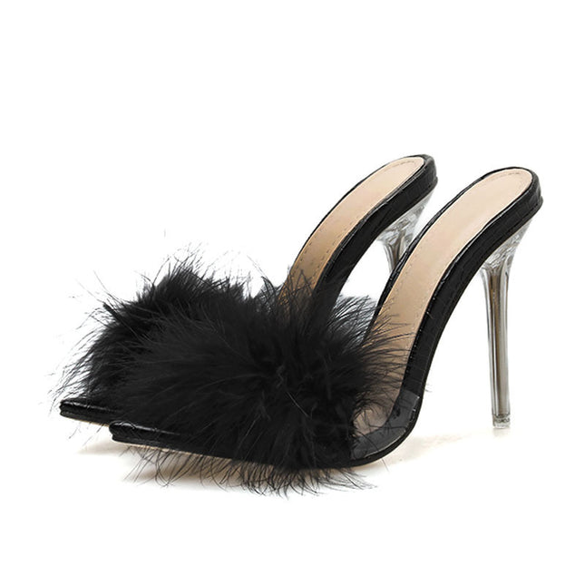 Frau Schuhe Transparent Kristall High Heels Frau Feder Fell Hausschuhe
