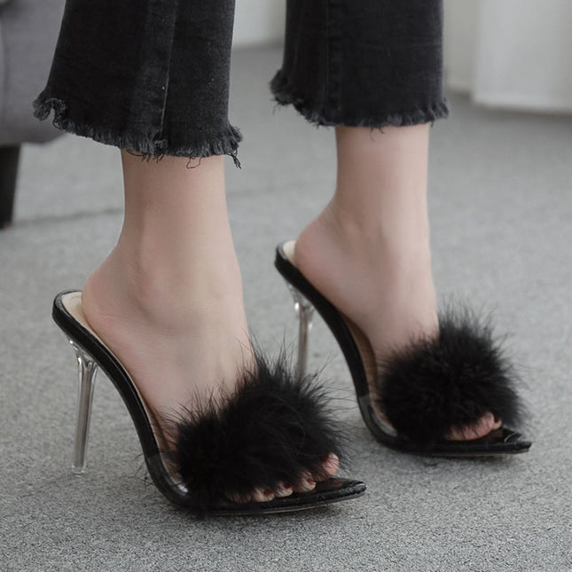 Frau Schuhe Transparent Kristall High Heels Frau Feder Fell Hausschuhe