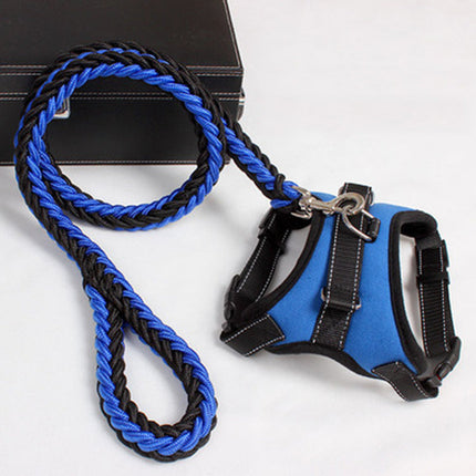 Dog chest harness and leash set in blue and black nylon with breathable mesh, Hundeleine Brustgurt.