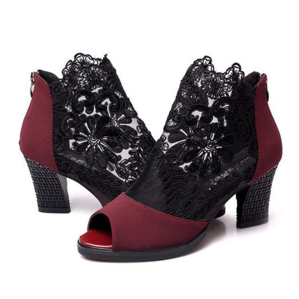 Lucyever Damen-Sandalen mit quadratischem Absatz, Sommerschuhe, sexy Blumenspitze, hohl, Peep Toe, Gladiator-Sandalen, Übergröße 35–43
