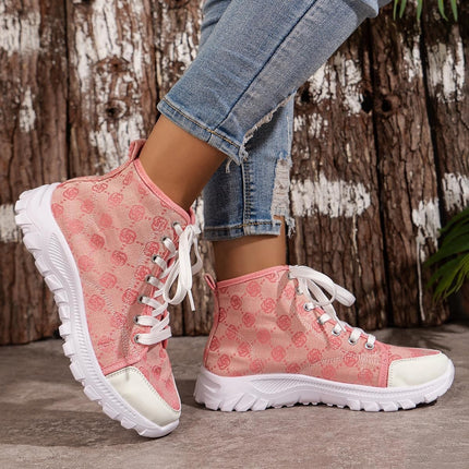 Schnürstiefel mit Rosen-Print, modische, atmungsaktive Canvas-Schuhe, sportlich, lässig, rutschfest, kurze Stiefel mit dicker Sohle für Damen
