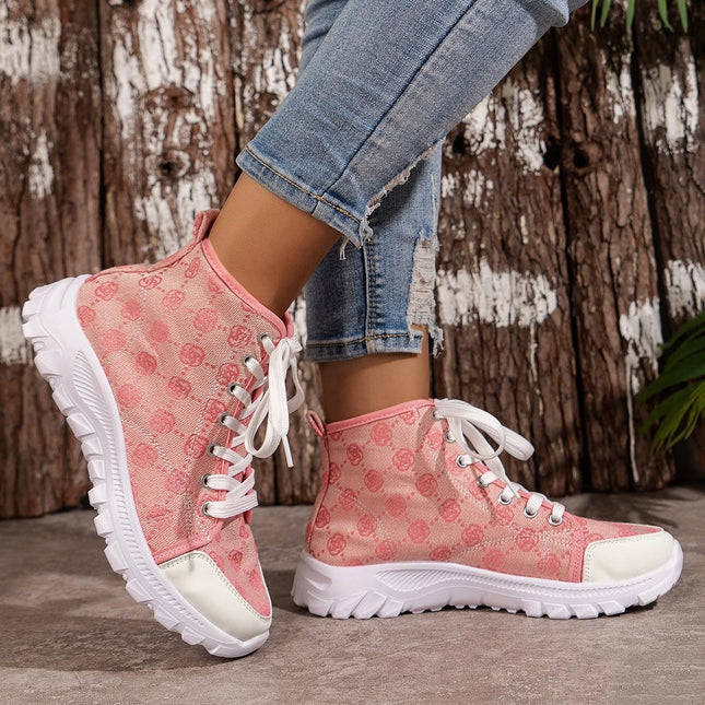 Schnürstiefel mit Rosen-Print, modische, atmungsaktive Canvas-Schuhe, sportlich, lässig, rutschfest, kurze Stiefel mit dicker Sohle für Damen
