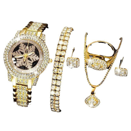 Uhr mit Schneeflockenmuster, luxuriöses fünfteiliges Schmuckset mit Strasssteinen