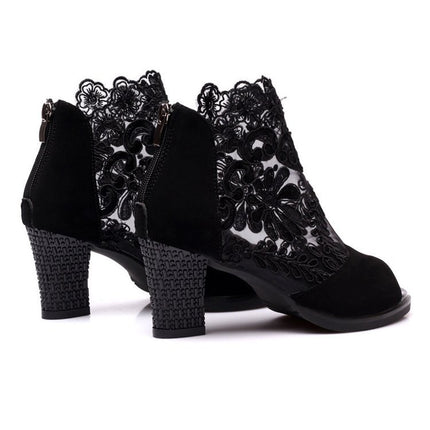 Lucyever Damen-Sandalen mit quadratischem Absatz, Sommerschuhe, sexy Blumenspitze, hohl, Peep Toe, Gladiator-Sandalen, Übergröße 35–43