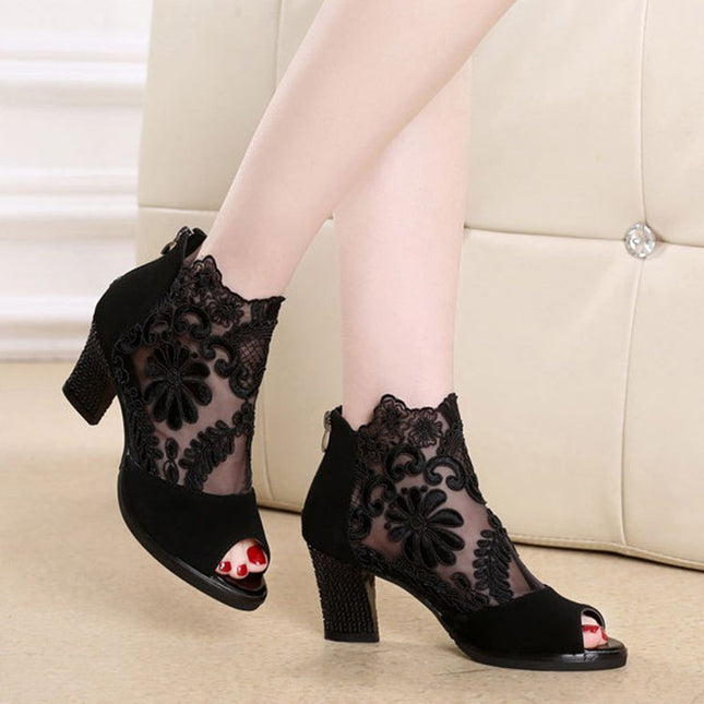 Lucyever Damen-Sandalen mit quadratischem Absatz, Sommerschuhe, sexy Blumenspitze, hohl, Peep Toe, Gladiator-Sandalen, Übergröße 35–43
