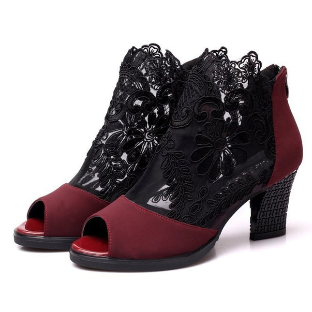 Lucyever Damen-Sandalen mit quadratischem Absatz, Sommerschuhe, sexy Blumenspitze, hohl, Peep Toe, Gladiator-Sandalen, Übergröße 35–43