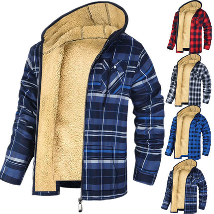 Herren Plaid Print Kapuzen Zip-Up Jacke Winter Verdickte Baumwolle gefütterte Mantel Warme Kleidung