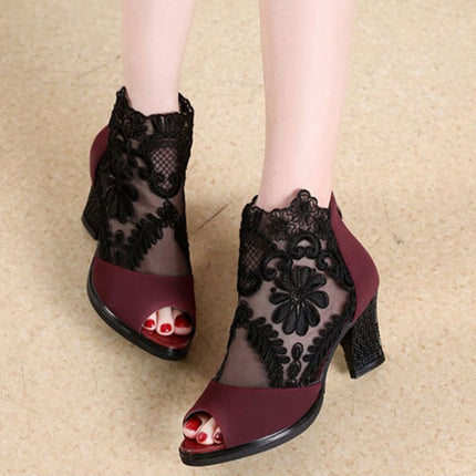 Lucyever Damen-Sandalen mit quadratischem Absatz, Sommerschuhe, sexy Blumenspitze, hohl, Peep Toe, Gladiator-Sandalen, Übergröße 35–43