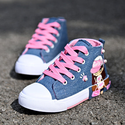 Canvas sneakers for girls with cartoon totem design and pink laces, featuring rubber soles.