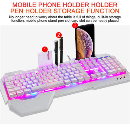 Wired mechanical gaming keyboard with RGB LED backlighting, phone and pen holders, and card slot.