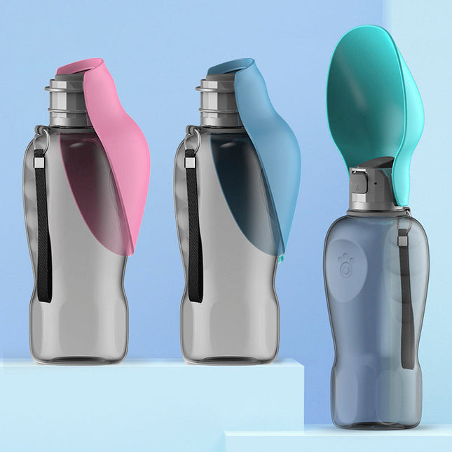 Portable 800ml dog water bottle with foldable bowl, high capacity and leak-proof for outdoor use.