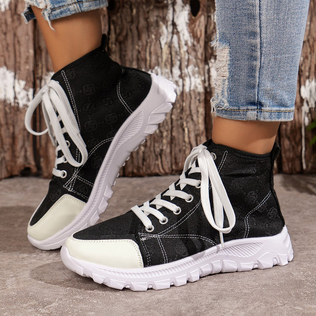 Schnürstiefel mit Rosen-Print, modische, atmungsaktive Canvas-Schuhe, sportlich, lässig, rutschfest, kurze Stiefel mit dicker Sohle für Damen
