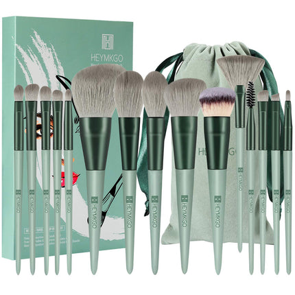 HEYMKGO Make-Up-Pinsel, 15 Stück, Make-Up-Pinsel Mit Grünem Konischem Griff, Aus Hochwertigem Synthetikmaterial, Professionelle Make-Up-Pinsel Mit Kordelzug, Tasche Aus Flanell (Rosa)