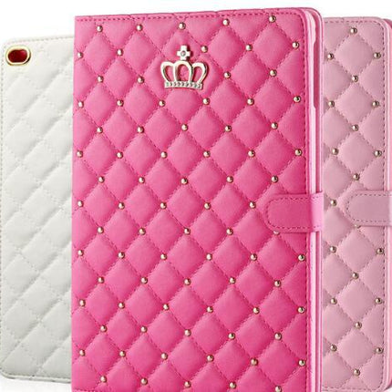 Pink PU leather Apple iPad tablet crown case cover on a table.