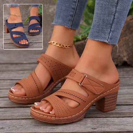 Sandalen mit quadratischem Absatz und Peep-Toe-Sommerschuhen, lässige Sandalen mit klobigem Absatz, einfarbige Hausschuhe