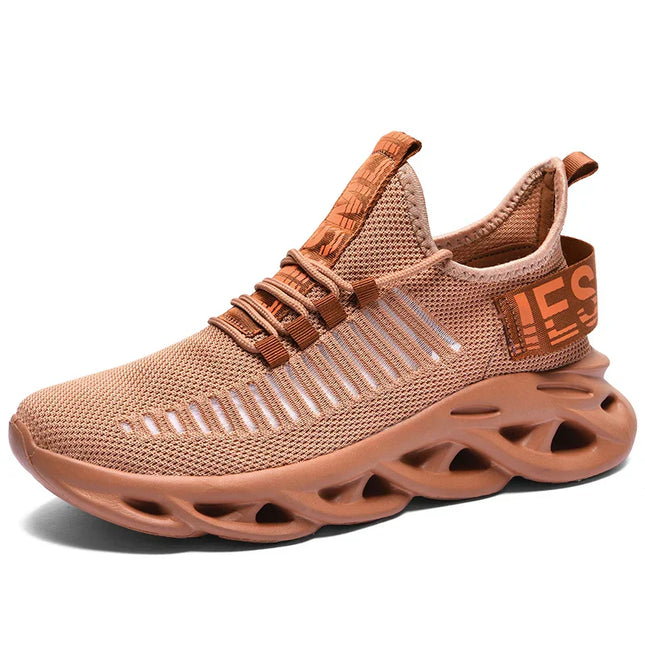 Men's breathable comfortable running sneakers in brown mesh with height increasing feature.