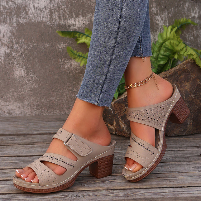 Sandalen mit quadratischem Absatz und Peep-Toe-Sommerschuhen, lässige Sandalen mit klobigem Absatz, einfarbige Hausschuhe