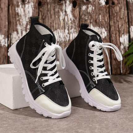 Schnürstiefel mit Rosen-Print, modische, atmungsaktive Canvas-Schuhe, sportlich, lässig, rutschfest, kurze Stiefel mit dicker Sohle für Damen