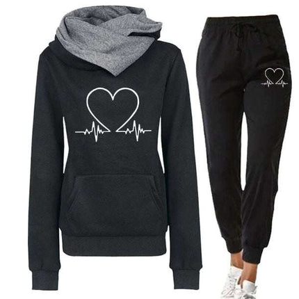 Damen Trainingsanzug Set 2-Teilig Heartbeat Print Hoodie Polyesterfaser Jogginghose Sweatshirt Hose Zweiteiler Jogginganzüge Damen Kapuzenpullover Sporthose Set Jogginganzug Loungewear Hosenanzug mit Taschen