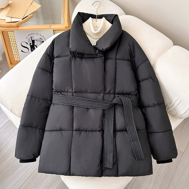 Winter Plaid Nähen Revers Mantel Mit Schnürung Design Mode Lose Solide Dicke Jacke Oberbekleidung Damen Kleidung