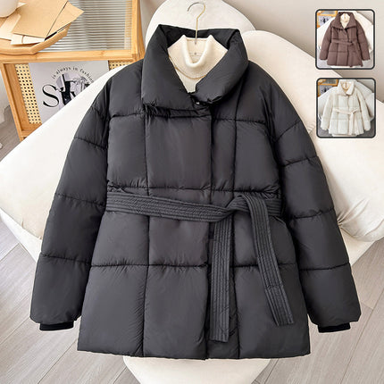 Winter Plaid Nähen Revers Mantel Mit Schnürung Design Mode Lose Solide Dicke Jacke Oberbekleidung Damen Kleidung