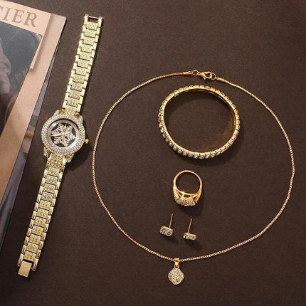 Uhr mit Schneeflockenmuster, luxuriöses fünfteiliges Schmuckset mit Strasssteinen