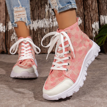 Schnürstiefel mit Rosen-Print, modische, atmungsaktive Canvas-Schuhe, sportlich, lässig, rutschfest, kurze Stiefel mit dicker Sohle für Damen