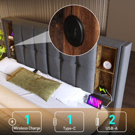 Doppelbett&nbsp;mit&nbsp;Kabellosem&nbsp;Laden&nbsp;USB&nbsp;C,&nbsp;Polsterbett&nbsp;Bettgestell&nbsp;180x200cm